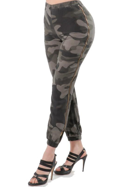 Fitted Camo Pants With Gold Side Zipper Accents - Bottoms