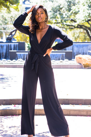 Tempo Black Sequin Long Sleeve Belted Romper