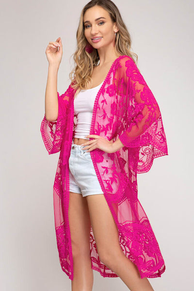 Hot Pink Lace Kimono - Bella Chic