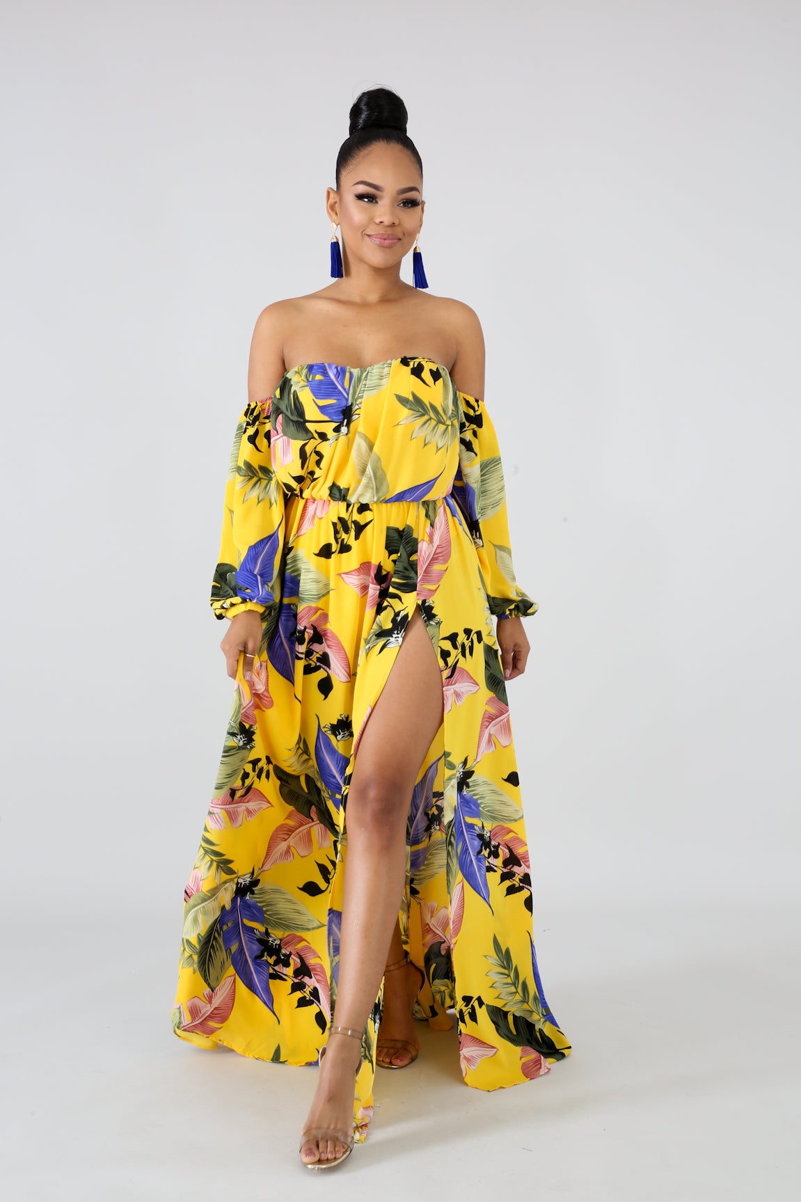 Yellow floral off sales the shoulder maxi dress