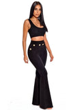 Gold Button High Waisted Black Flared Pants - Bottoms