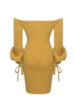 Golden Yellow Strapless Puffy Tie Sleeve Dress
