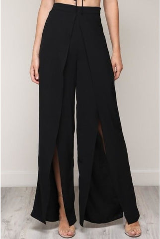 High Waist Wide Leg Pants With Front Slits - Bottoms