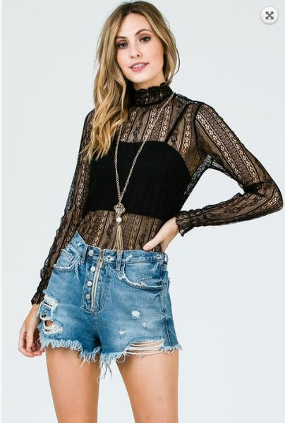 Black High Neck Sheer Lace Long Sleeve Top
