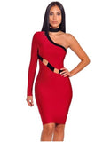 Red One Sleeve Cutout Bodycon Bandage Dress