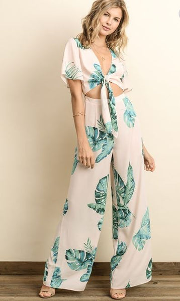 Blush Floral Palm Print Cutout Jumpsuit
