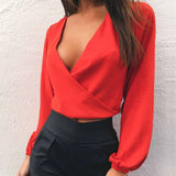 Summer Women Casual Off Shoulder Crop Tops Solid Sexy V Neck Bandage Cropped Minitop Vest Long Sleeve Crop Top Shirt