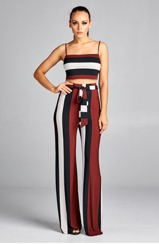 Burgundy Striped Belted Top and Bottom