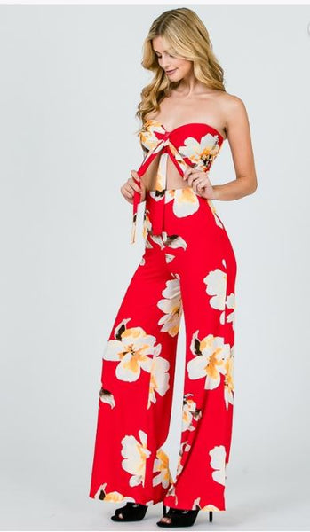 Red Strapless Wideleg Floral Two Piece Set