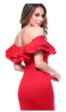 Red Strapless Ruffled Midi Dress