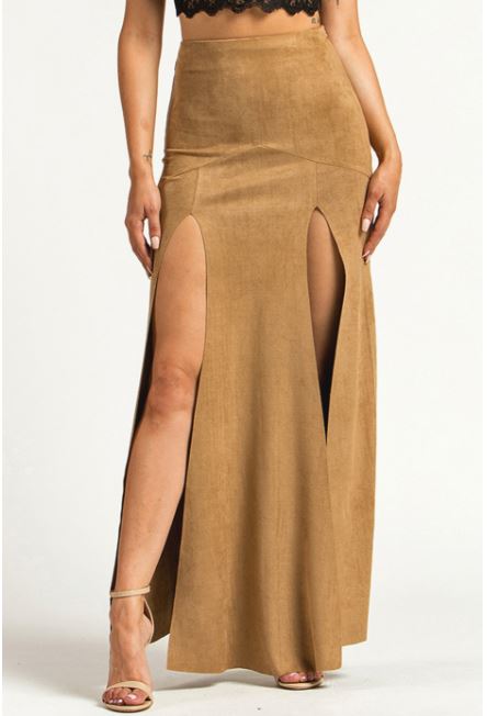 【INCHANT ME】Suede Deep Slit Long Skirt Suede Front Slit Maxi Skirt